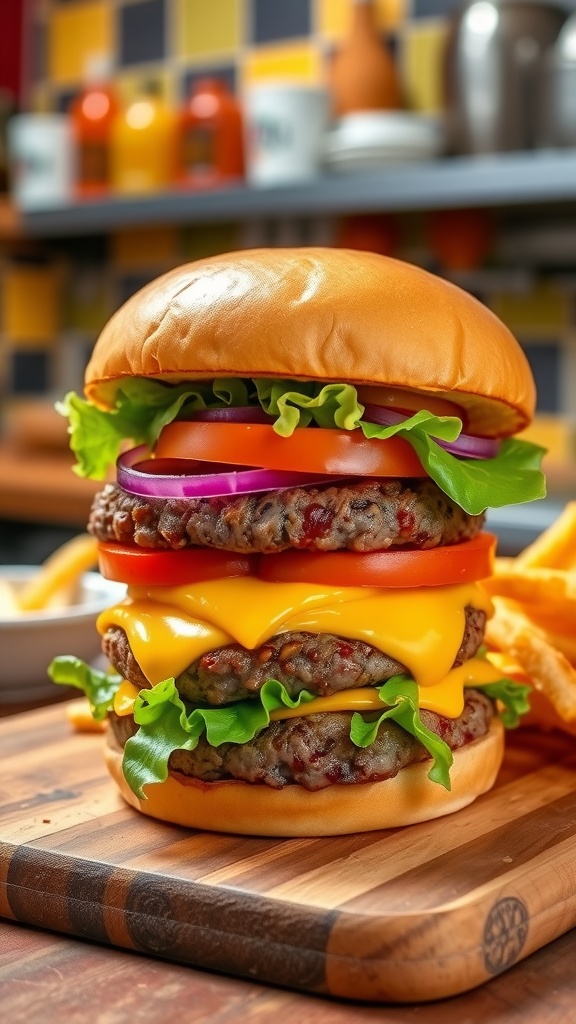 A delicious 5-ribu burger with beef patty, cheese, lettuce, tomato, and onion on a toasted bun, served with fries.